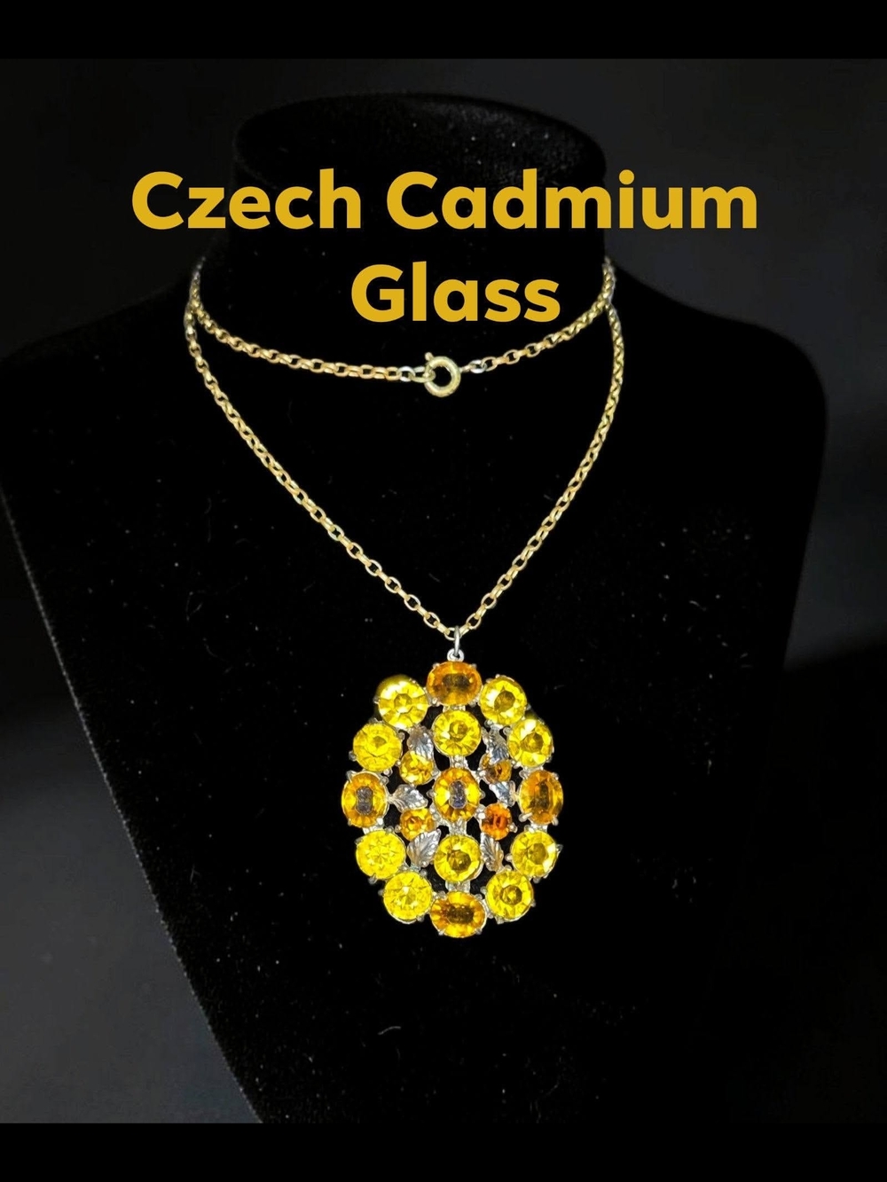 Vintage Czech Cadmium Glass Amber Rhinestone Cluster Pendant Necklace – UV React